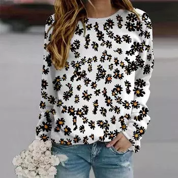 Осенняя женская мода с круглым вырезом и длинным рукавом, свободная одежда, футболка с принтом подсолнуха для девочек, уличная одежда XS белый
