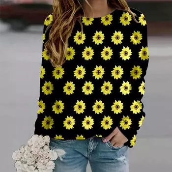 Осенняя женская мода с круглым вырезом и длинным рукавом, свободная одежда, желтая футболка с принтом хризантемы для девочек, уличная одежда XS фиолетовый
