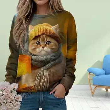Осенняя женская мода с круглым вырезом и длинным рукавом, свободная одежда, футболка с принтом кота в шарфе для девочек, уличная одежда XS коричневый