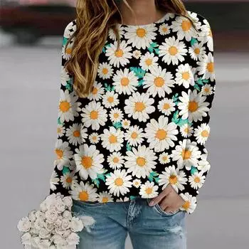 Осенняя женская мода с круглым вырезом и длинным рукавом, свободная одежда, зеленая футболка с принтом ромашек для девочек, уличная одежда XS зелёный