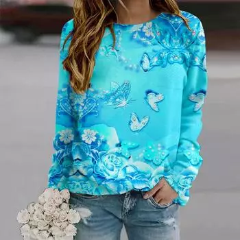 Осенняя женская мода с круглым вырезом и длинным рукавом, свободная одежда, серебряная футболка с принтом бабочек для девочек, уличная одежда XS фиолетовый