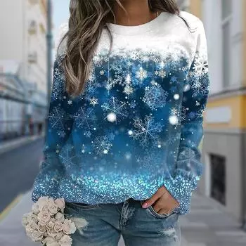 Осенняя женская мода с круглым вырезом и длинным рукавом, свободная одежда, футболка с принтом снежинок для девочек, уличная одежда XS фиолетовый