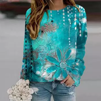 Осенняя женская мода с круглым вырезом и длинным рукавом, свободная одежда, синяя жемчужная футболка с принтом хризантем для девочек, уличная одежда XS красный