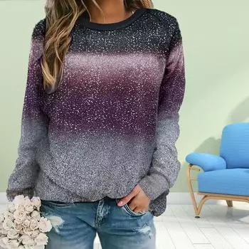 Осенняя женская мода с круглым вырезом и длинным рукавом, свободная одежда, футболка с принтом звездного неба для девочек, уличная одежда XS фиолетовый