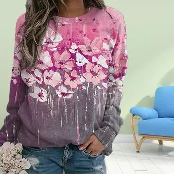 Осенняя женская мода с круглым вырезом и длинным рукавом, свободная одежда, розовые цветы, принт, футболка для девочек, уличная одежда XS розовый