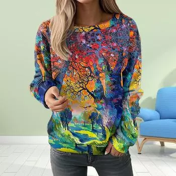 Осенняя женская мода с круглым вырезом и длинным рукавом, свободная одежда, персиковый цвет, весенний принт, футболка для девочек, уличная одежда XS фиолетовый