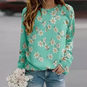 Осенняя женская мода с круглым вырезом и длинным рукавом, свободная одежда, зеленая футболка с принтом лилии для девочек, уличная одежда XS белый