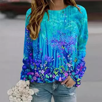 Осенняя женская мода с круглым вырезом и длинным рукавом, свободная одежда, синяя лесная бабочка, футболка для девочек, уличная XS синий