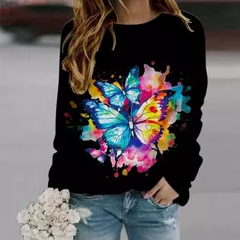 Осенняя женская мода с круглым вырезом и длинным рукавом, свободная одежда, белая футболка с принтом бабочек для девочек, уличная одежда XS белый