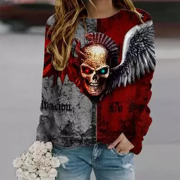 Осенняя женская мода с круглым вырезом и длинным рукавом, свободная одежда, футболка с принтом крылатого черепа XS красный