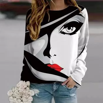 Осенняя женская мода с круглым вырезом и длинным рукавом, свободная одежда, футболка с принтом распознавания лиц XS белый