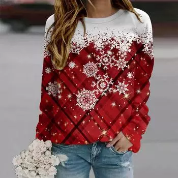 Осенняя женская мода с круглым вырезом и длинным рукавом, свободная одежда, футболка с принтом снежинки XS чёрный