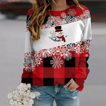 Осенняя женская мода с круглым вырезом и длинным рукавом, свободная одежда, сетчатый принт в виде снежинок, футболка XS красный