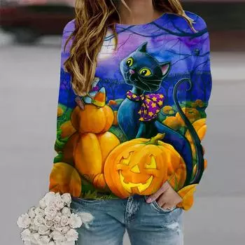 Осенняя женская мода с круглым вырезом и длинным рукавом, свободная одежда, черная футболка с принтом кошки XS чёрный