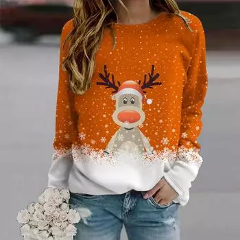 Осенняя женская мода с круглым вырезом и длинным рукавом, свободная одежда, футболка с принтом лося и оленя XS фиолетовый