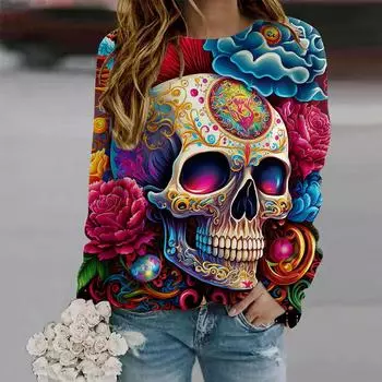 Осенняя женская мода с круглым вырезом и длинным рукавом, свободная одежда, футболка с принтом черепа и розы XS разноцветный