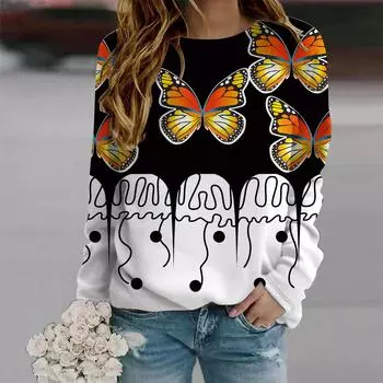 Осенняя женская мода с круглым вырезом и длинным рукавом, свободная одежда, синяя футболка с принтом в виде пятнистой бабочки для девочек, уличная XS белый