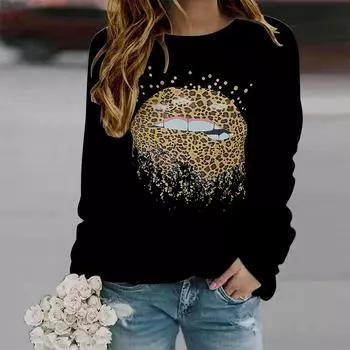 Осенняя женская мода с круглым вырезом и длинным рукавом, свободная одежда, футболка с принтом губ XS разноцветный