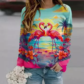 Осенняя женская мода с круглым вырезом и длинным рукавом, свободная одежда, футболка с принтом красного журавля XS темно-синий