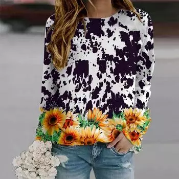 Осенняя женская мода с круглым вырезом и длинным рукавом, свободная одежда, футболка с принтом подсолнуха XS белый