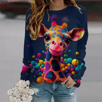 Осенняя женская мода с круглым вырезом и длинным рукавом, свободная одежда, футболка с принтом жирафа XS белый