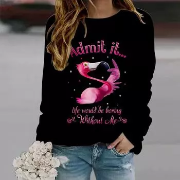 Осенняя женская мода с круглым вырезом и длинным рукавом, свободная одежда, футболка с принтом фламинго XS чёрный