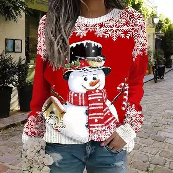 Осенняя женская мода с круглым вырезом и длинным рукавом, свободная одежда, футболка с принтом снеговика для девочек, уличная одежда XS красный
