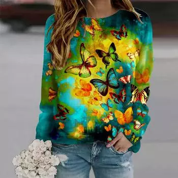 Осенняя женская мода с круглым вырезом и длинным рукавом, свободная одежда, серая футболка с принтом бабочек для девочек, уличная XS синий