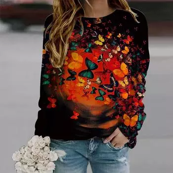 Осенняя женская мода с круглым вырезом и длинным рукавом, свободная одежда, оранжевая футболка с принтом бабочек для девочек, уличная одежда XS фиолетовый