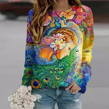 Осенняя женская мода с круглым вырезом и длинным рукавом, свободная одежда, масляная живопись, принт, футболка XS фиолетовый