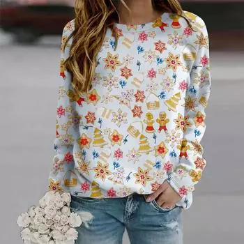 Осенняя женская мода с круглым вырезом и длинным рукавом, свободная одежда, футболка с принтом в виде маленького подарка XS чёрный