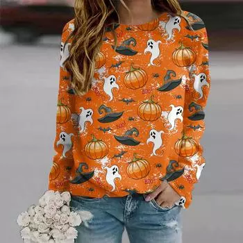 Осенняя женская мода с круглым вырезом и длинным рукавом, свободная одежда, футболка с принтом призрака XS белый