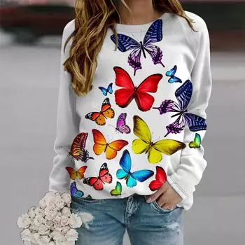 Осенняя женская мода с круглым вырезом и длинным рукавом, свободная одежда, футболка с принтом цветов и бабочек для девочек, уличная одежда XS фиолетовый