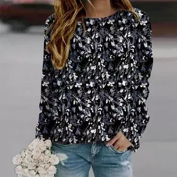 Осенняя женская мода с круглым вырезом и длинным рукавом, свободная одежда, черная футболка с цветочным принтом для девочек, уличная одежда XS чёрный