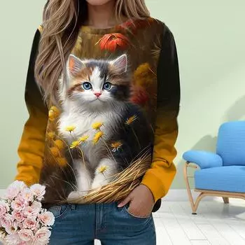 Осенняя женская мода с круглым вырезом и длинным рукавом, свободная одежда, футболка с принтом котенка для девочек, уличная одежда XS белый