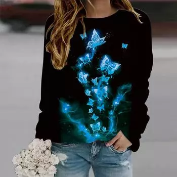 Осенняя женская мода с круглым вырезом и длинным рукавом, свободная одежда, синяя футболка с принтом бабочки и кристаллов для девочек, уличная одежда XS фиолетовый