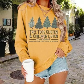 Осенняя женская мода с круглым вырезом и длинным рукавом, свободная одежда, футболка с принтом «Четыре дерева» для девочек, уличная одежда XS чёрный
