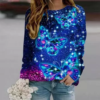 Осенняя женская мода с круглым вырезом и длинным рукавом, свободная одежда, синяя футболка с принтом звезд и бабочек для девочек, уличная XS красный