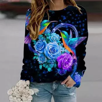 Осенняя женская мода с круглым вырезом и длинным рукавом, свободная одежда, зеленая футболка с принтом бабочки и хризантемы для девочек, уличная одежда XS фиолетовый