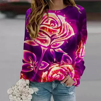 Осенняя женская мода с круглым вырезом и длинным рукавом, свободная одежда, футболка с принтом золотой розы для девочек, уличная одежда XS фиолетовый