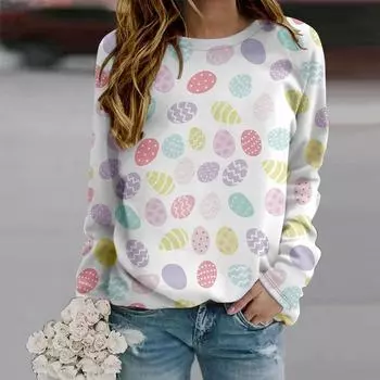 Осенняя женская мода с круглым вырезом и длинным рукавом, свободная одежда, футболка с принтом яйца Quqi XS разноцветный