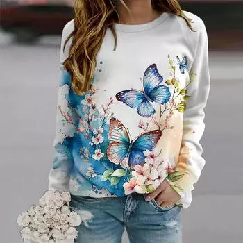 Осенняя женская мода с круглым вырезом и длинным рукавом, свободная одежда, футболка с принтом розы и стрекозы для девочек, уличная одежда XS синий