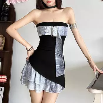 Осенняя женская мода сексуальная узкая юбка-халтер контрастного цвета на груди платье S чёрный