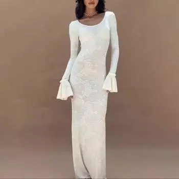 Осенняя женская мода сексуальное перспективное платье с длинными рукавами и высокой талией облегающее платье, закрывающее ягодицы S белый