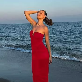 Осенняя женская мода сексуальное темпераментное платье на косточках без бретелек для похудения S красный