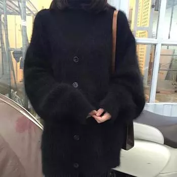 Осенняя женская мода, свободный свитер с рукавами-фонариками из искусственного норкового бархата, повседневный вязаный кардиган, куртка One Size белый