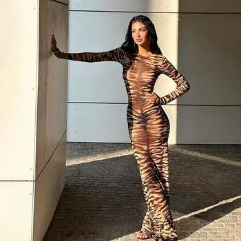 Осенняя женская мода темперамент круглый вырез длинный рукав анималистичный сетчатый тонкий сексуальный платье S коричневый