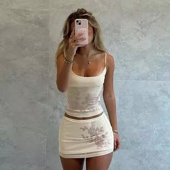 Осенняя женская мода темперамент повседневный облегающий крой Hot Drill халтер топ полуюбка костюм S абрикосовый