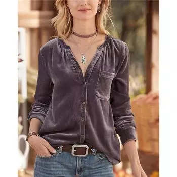 Осенняя женская мода золотая бархатная рубашка однотонная стойка воротник длинный рукав футболка топ женский S