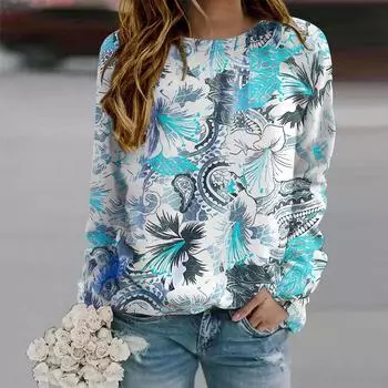 Осенняя женская модная футболка с длинным рукавом и круглым вырезом, свободная одежда, синяя футболка со звездами и цветами для девочек, уличная XS красный